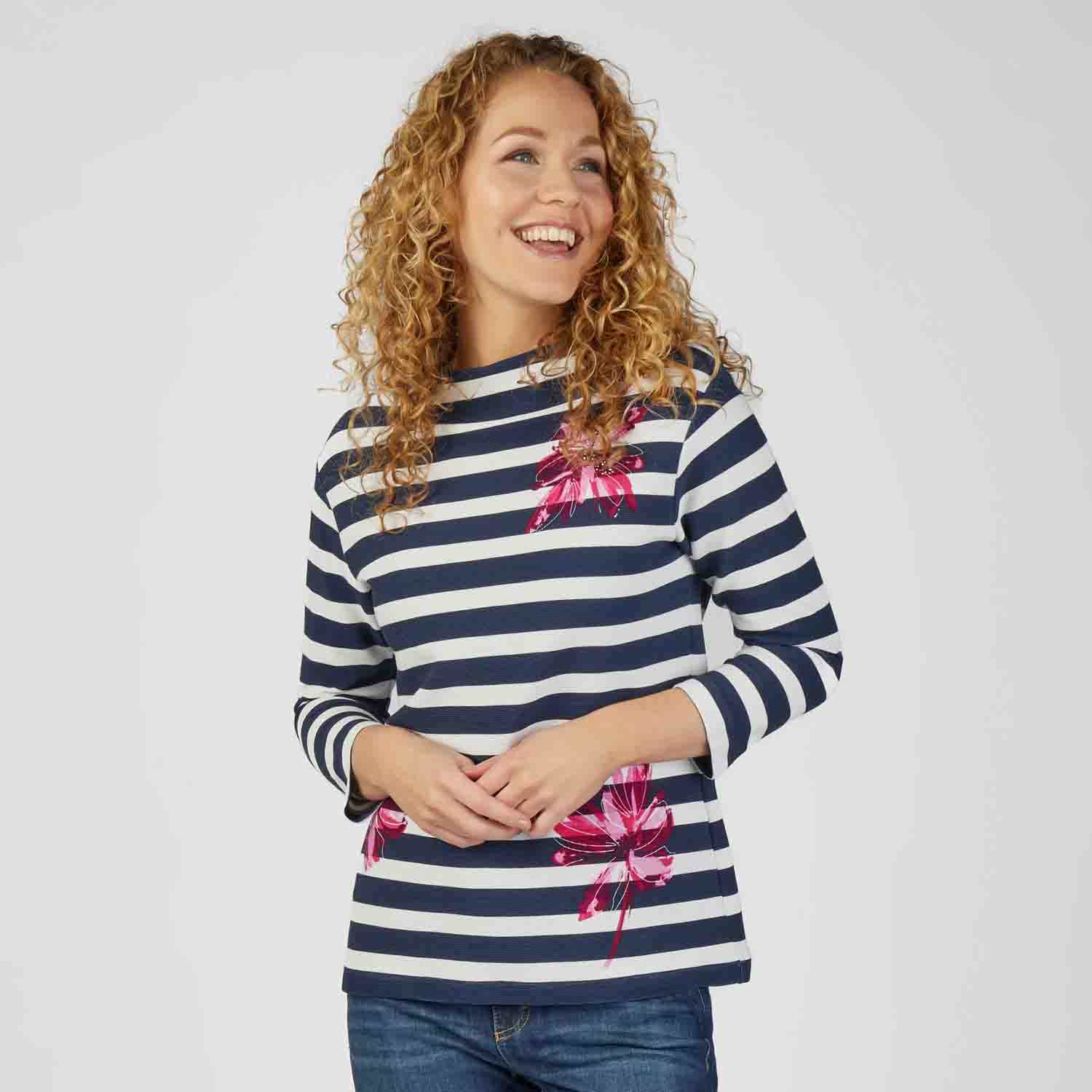 RABE 3/4 Sleeve Top with Stripes & Flowers in Pacific – 51-113360 –  Obsessions