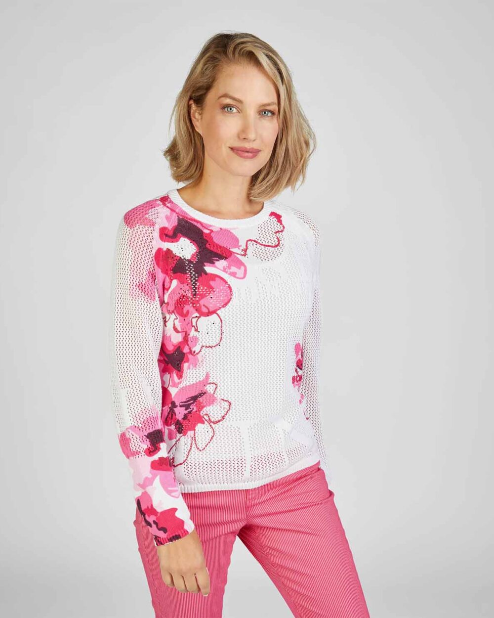 RABE Knitted Floral Print Jumper in White & Pink - 52-222600