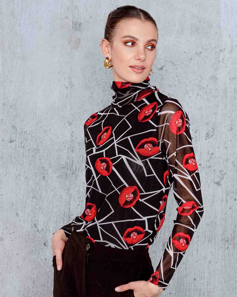 ALISON SHERI Abstract Long Sleeved Top - Black/Red - A44168
