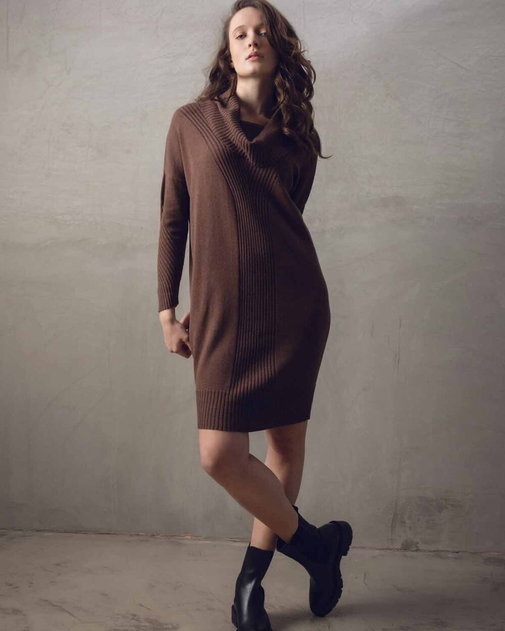MARBLE Cowl Neck Knitted Dress in Chocolate - 7569