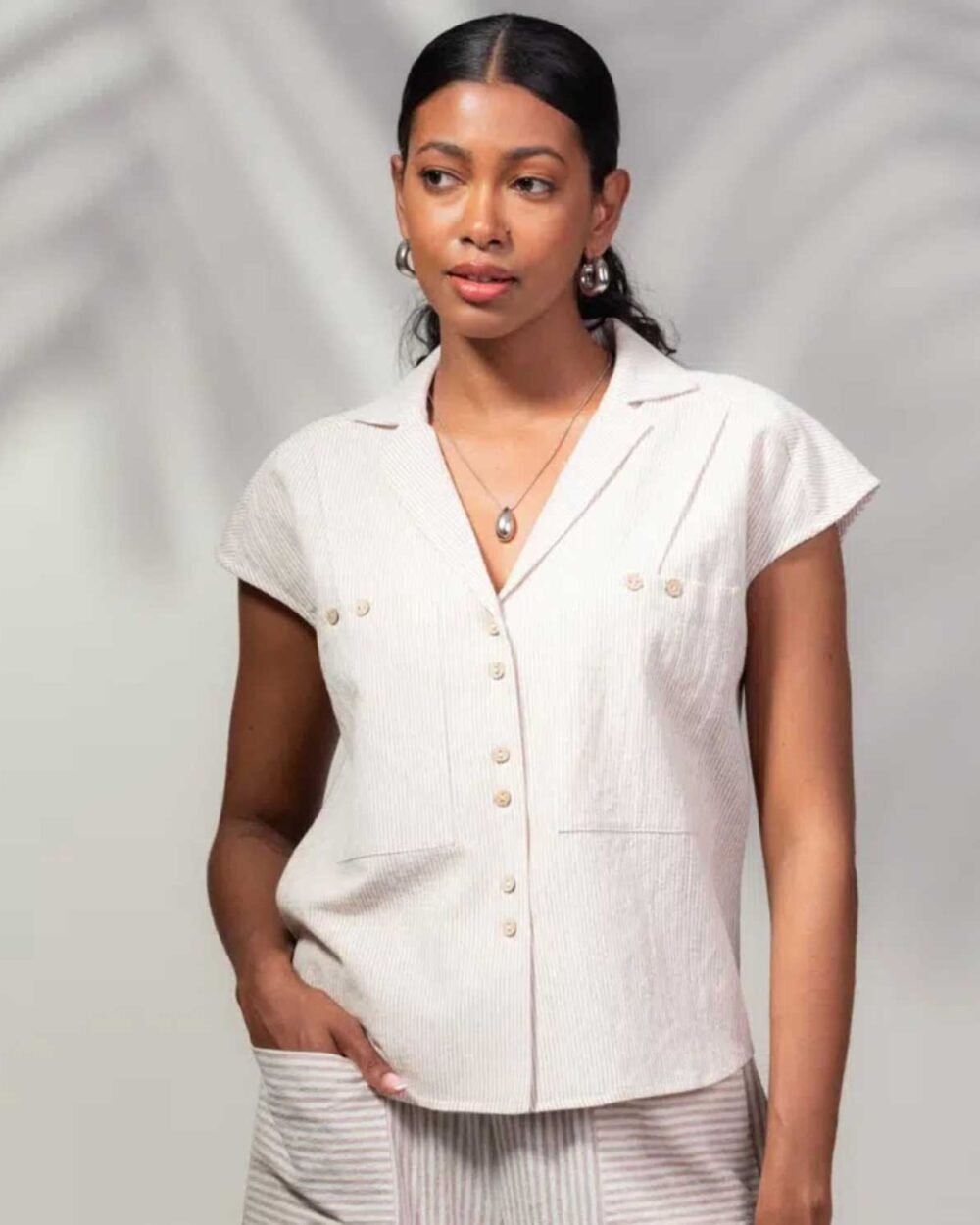 ALISON SHERI Casual Cotton & Linen Blouse in Sand - A45480