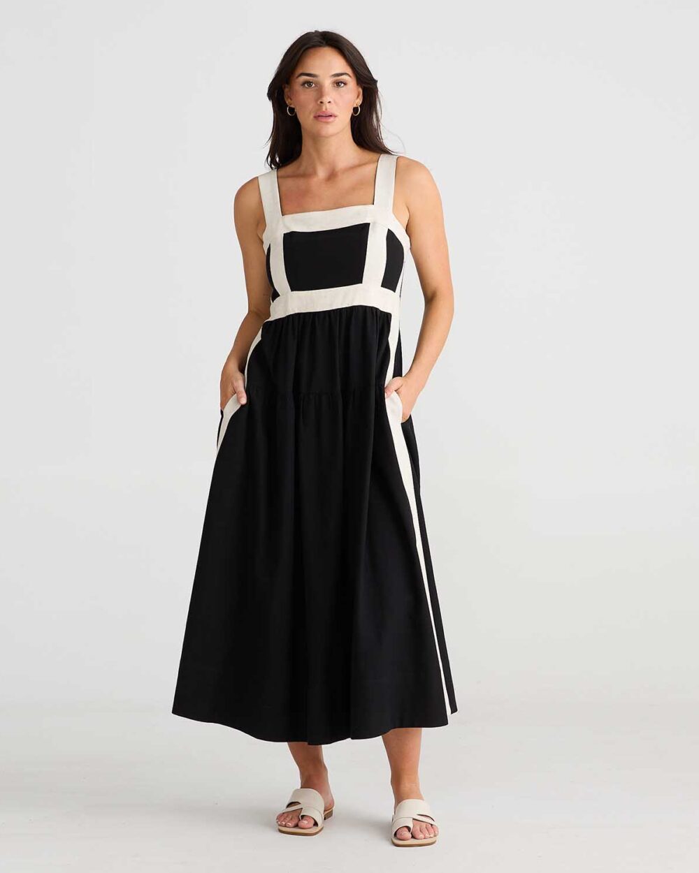 BRAVE&TRUE Jolie Midi Linen Blend Dress in Black with Natural - BT24523