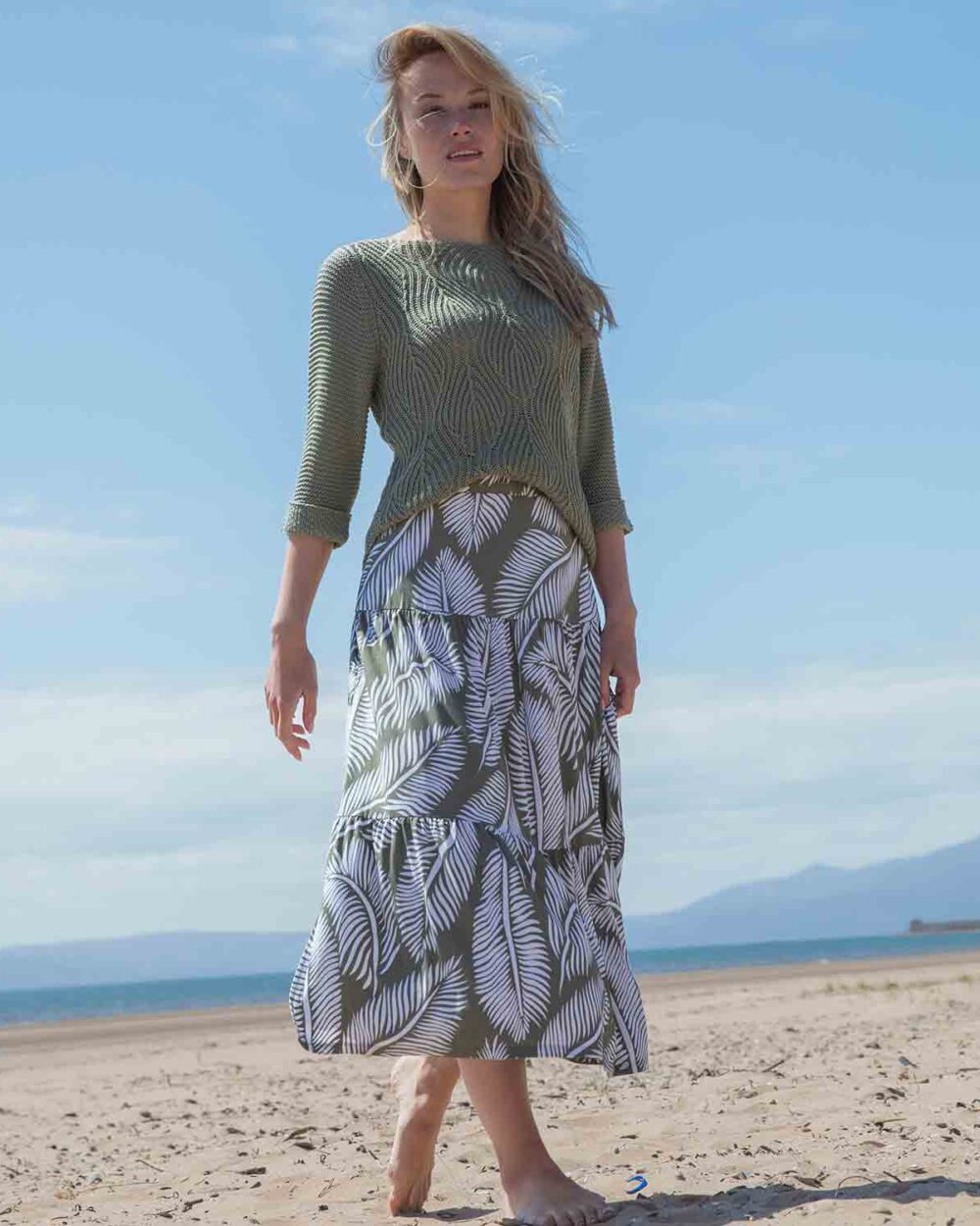 MARBLE 3-Tier Midi Skirt in Khaki - 7946
