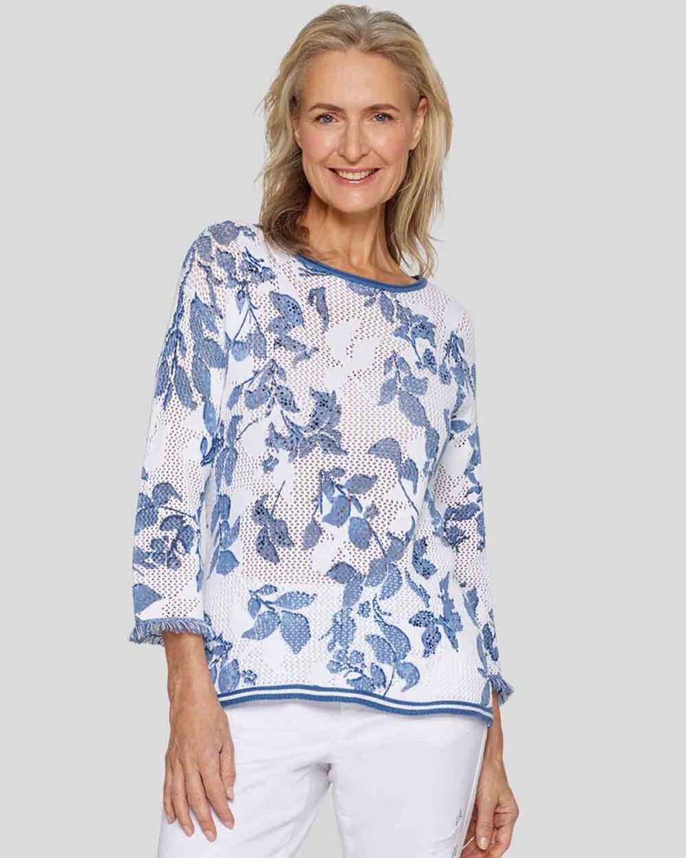 RABE Jumper with Leaf Print and Open Knit in Blue - 54-222600