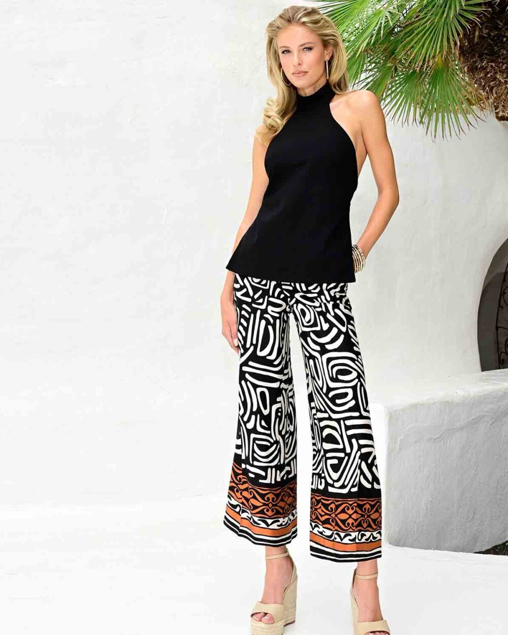 ROBELL Melly Patterned Wide Leg Trousers in Black - 65cm