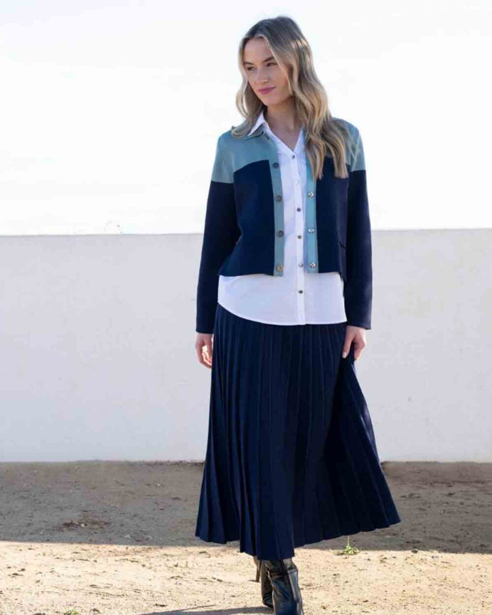 MARBLE A-line Pleated Midi Skirt in Navy – 7176