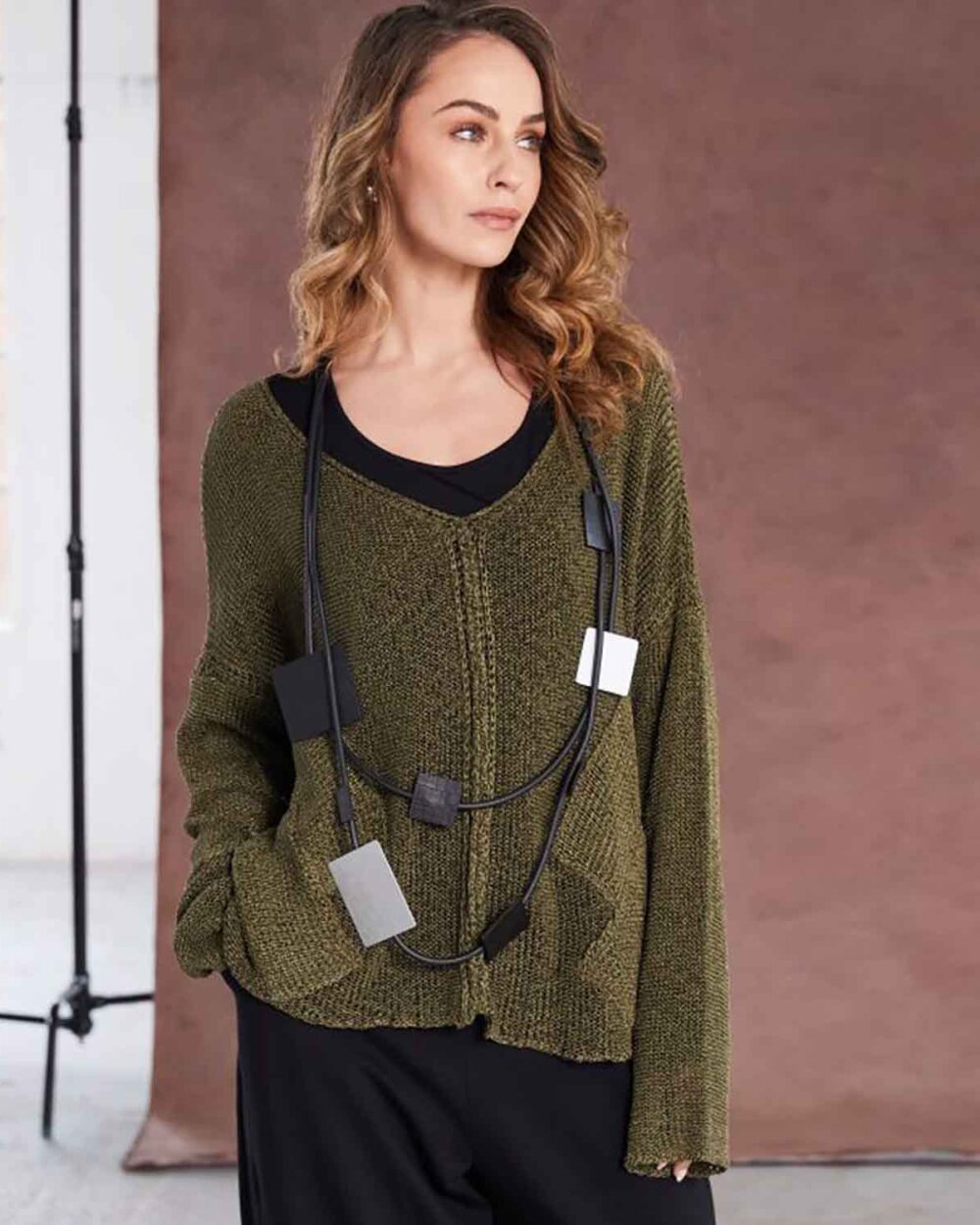 NAYA Loose Weave V Neck Knit with Layed on Sections in Moss - NAW25327