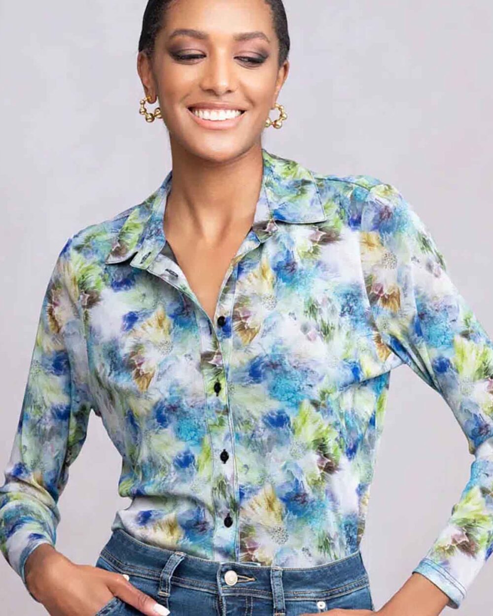 ALISON SHERI Classic Blouse in Blue/Green - A46092