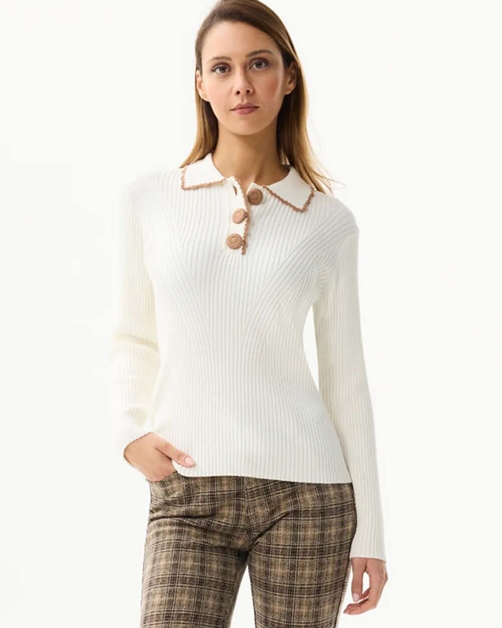 LEO & UGO AW129 JUMPER BUTTONED POLO COLLAR - OFF WHITE & CAMEL